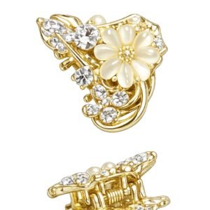 RichMade gold-plated floral crystal mini hair claw clip for women, Elegant pearl flower hair clip with crystal stones for party wear, Luxury floral hair accessory for women with secure claw grip, Gold flower hair claw clip for weddings and festive occasions, RichMade crystal flower mini hair clip for half-up hairstyles