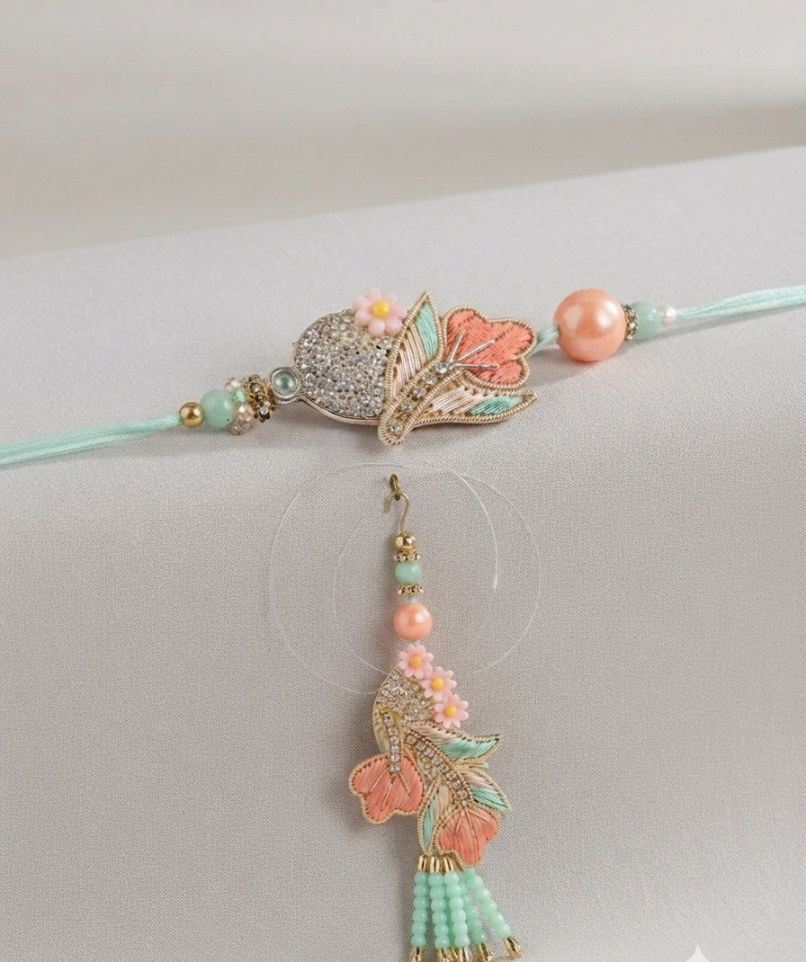 RichMade premium floral Bhai Bhabhi Rakhi Set with matching designer lumba featuring pastel beads, crystal stones, and elegant floral detailing for Raksha Bandhan