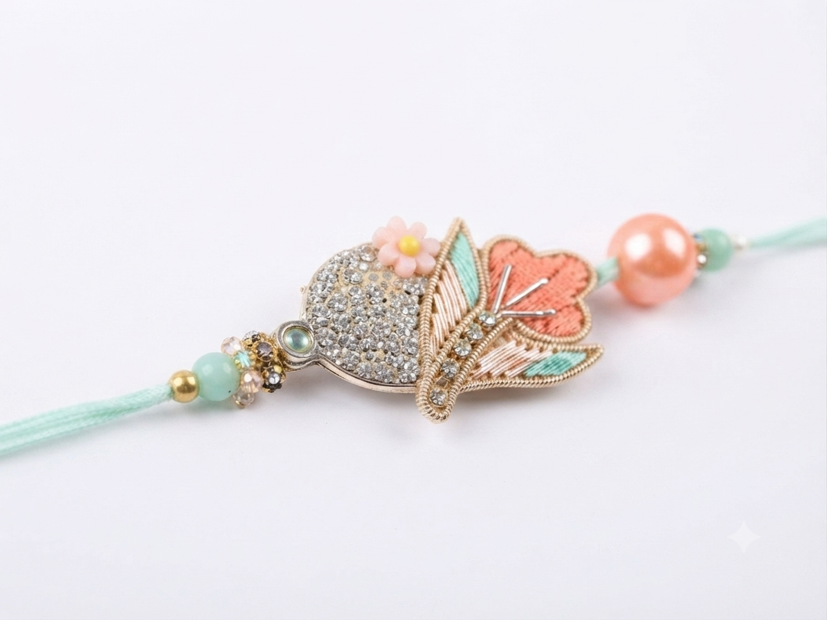 RichMade premium floral Bhai Bhabhi Rakhi Set with matching designer lumba featuring pastel beads, crystal stones, and elegant floral detailing for Raksha Bandhan